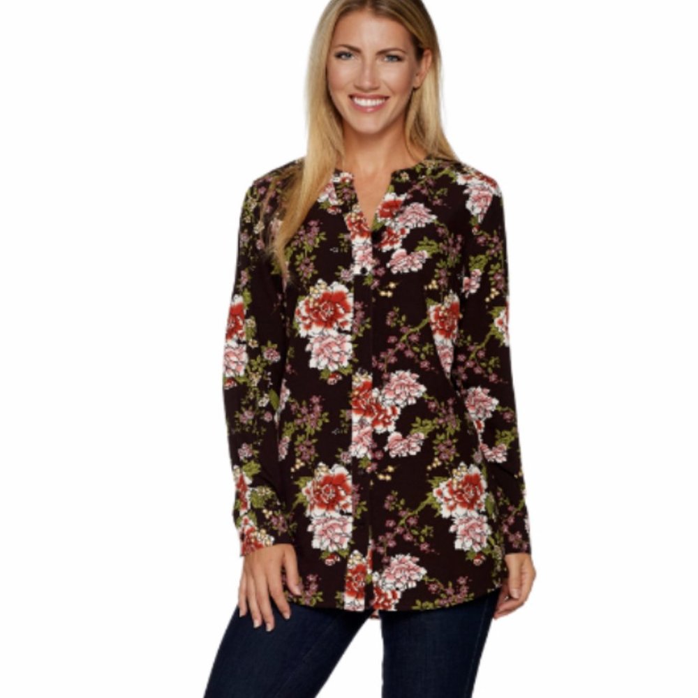 Denim & Co Women's Floral Print Button Front Blouse L